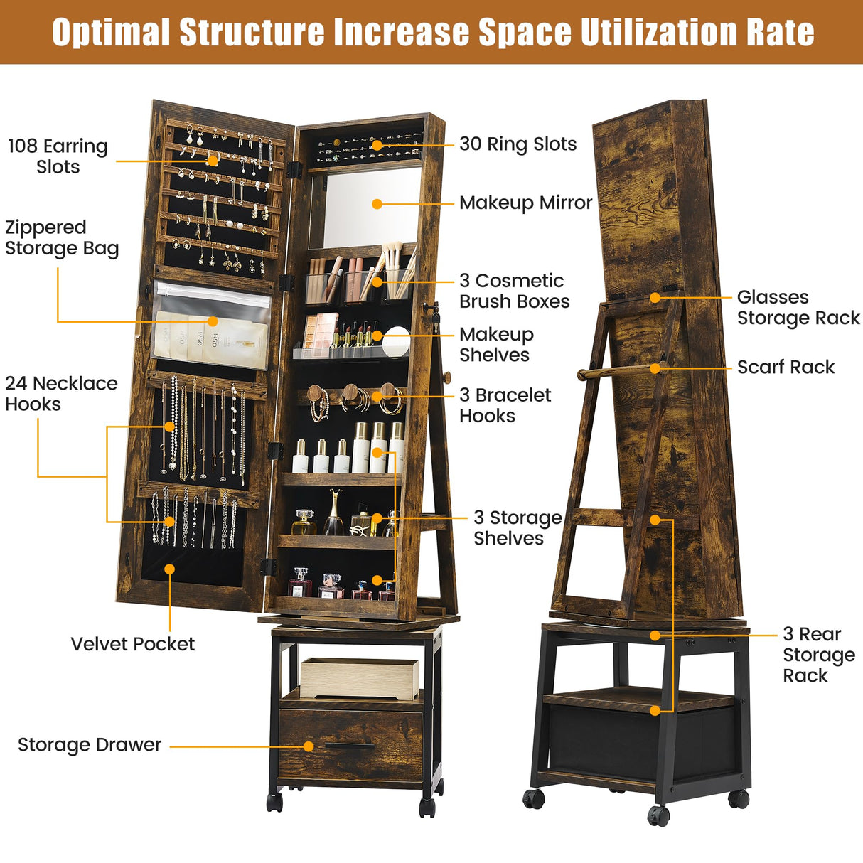 GarveeHome 360° Swivel Jewelry Cabinet, 66'' Freestanding Jewelry Armoire With Bottom Drawer, Lockable Full-Length Mirror With Rear Storage Shelves, Jewelry Armoire Organizer, Retro Brown GarveeHome