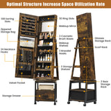 GarveeHome 360° Swivel Jewelry Cabinet, 66'' Freestanding Jewelry Armoire With Bottom Drawer, Lockable Full-Length Mirror With Rear Storage Shelves, Jewelry Armoire Organizer, Retro Brown GarveeHome