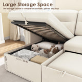 Sleeper Sofa Bed, 87'' Sectional Couch with Reversible Storage Chaise & Nailhead Armrest, Pull Out Couches for Living Room, Side Pocket & Charging Station, Removable Backrest, Velvet Fabric, Beige Keyluv