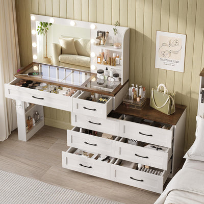 Farmhouse Large Makeup Vanity Desk, Glass Top Vanity Dresser Combo, Make Up Dressing Table, with Mirror and Lights and 8 Drawers, with Charging Station and Storage, for Bedroom, Dressing Room, White
