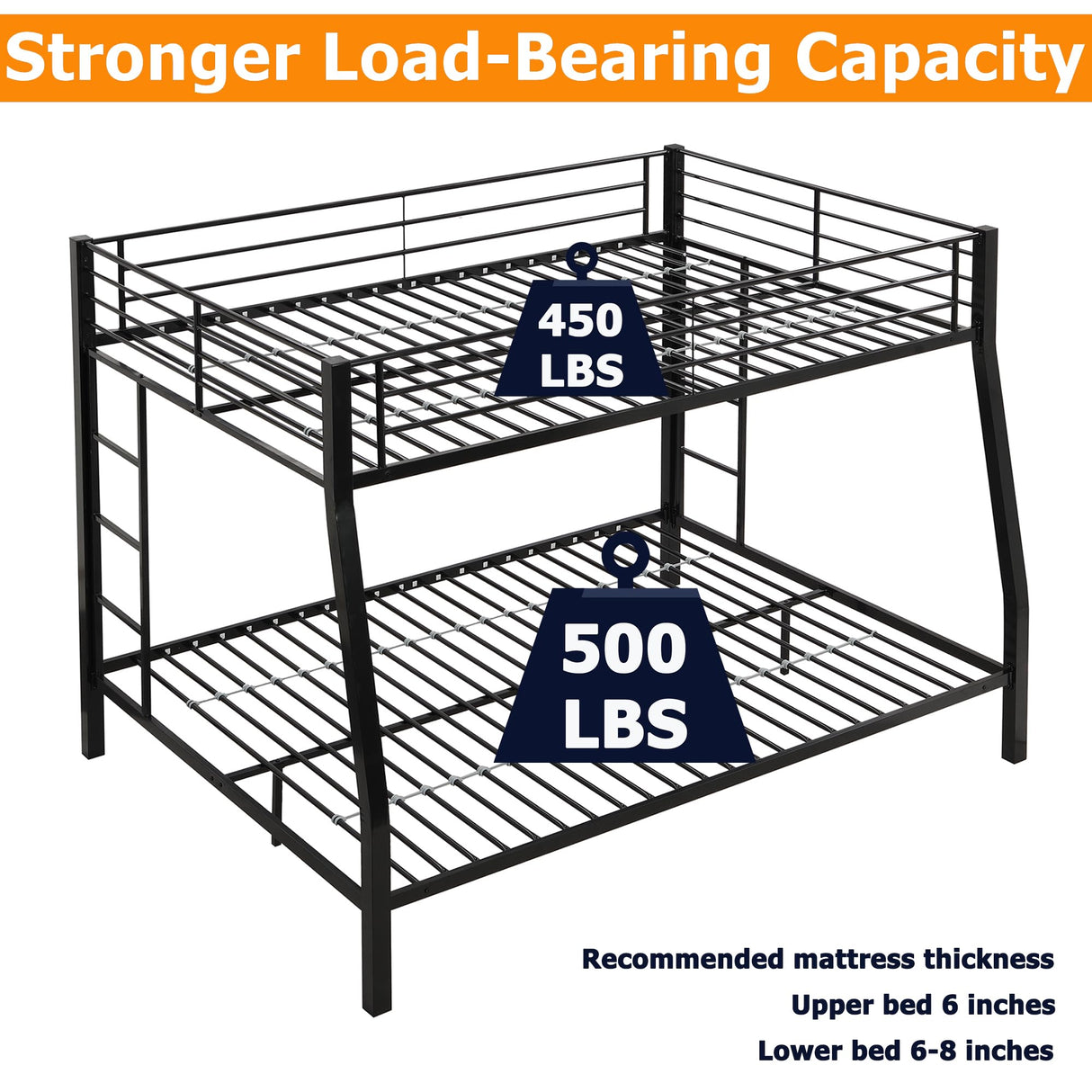 ZMIZAKOY Metal Full XL Over Queen Bunk Bed for Adults, Heavy Duty Bunk Bed Full Over Queen with 2 Ladders & Safety Guardrail for Kids and Adults, Easy Assemble Queen Size Bunk Beds (Black) ZMIZAKOY