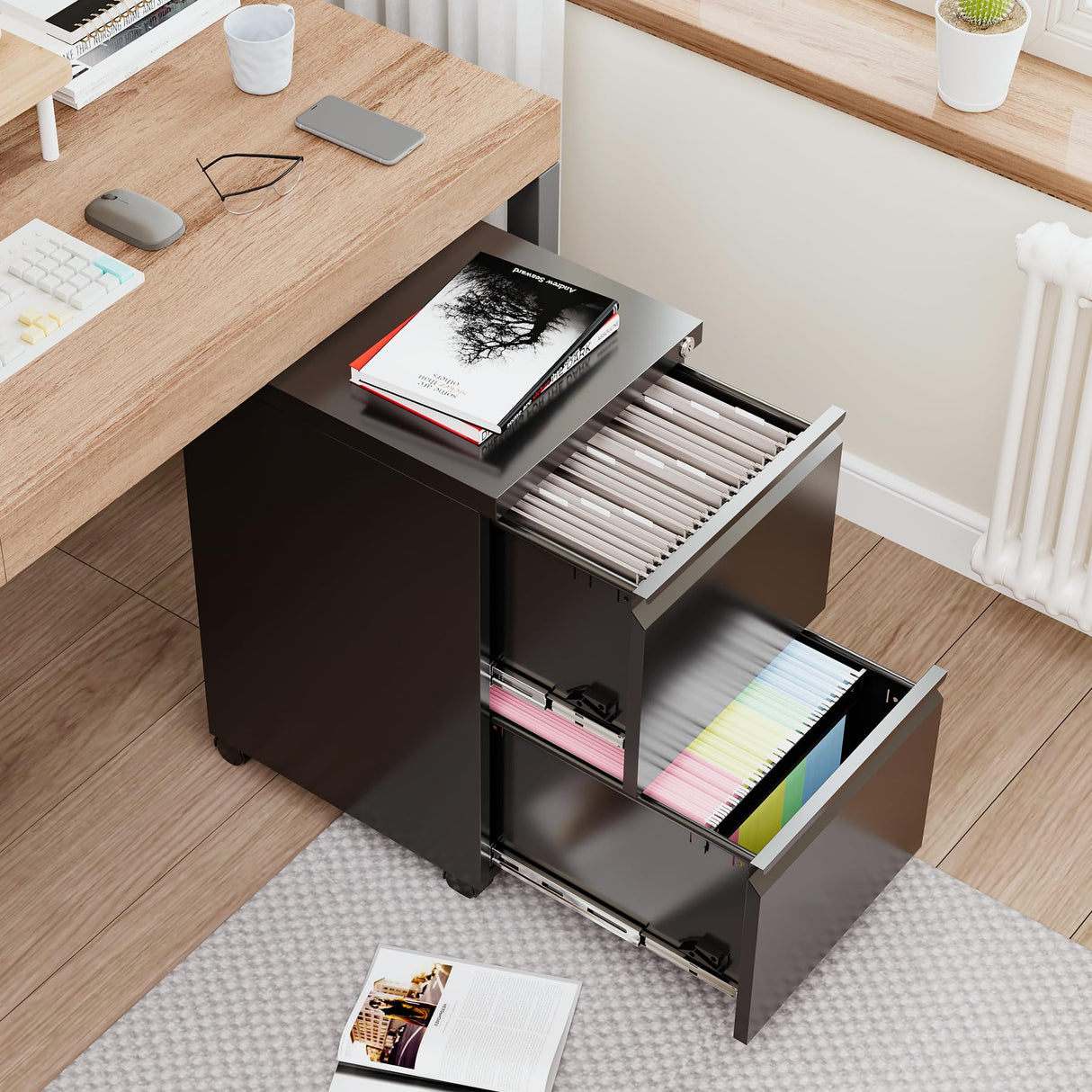 BYNSOE 2 Drawers File Cabinet with Lock Metal Vertical File Cabient with Wheels Mobile File Cabinet for Office Home Legal/Letter/a4 Size (Black, 2 Drawers) BYNSOE