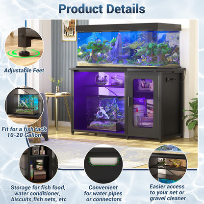 Unikito 55-75 Gallon Aquarium Stand with Power Outlets & LED Light, Reversible Fish Tank Stand with Cabinet for Fish Tank Accessories Storage, Heavy Duty Metal Frame, 880LBS Capacity, Black - WoodArtSupply