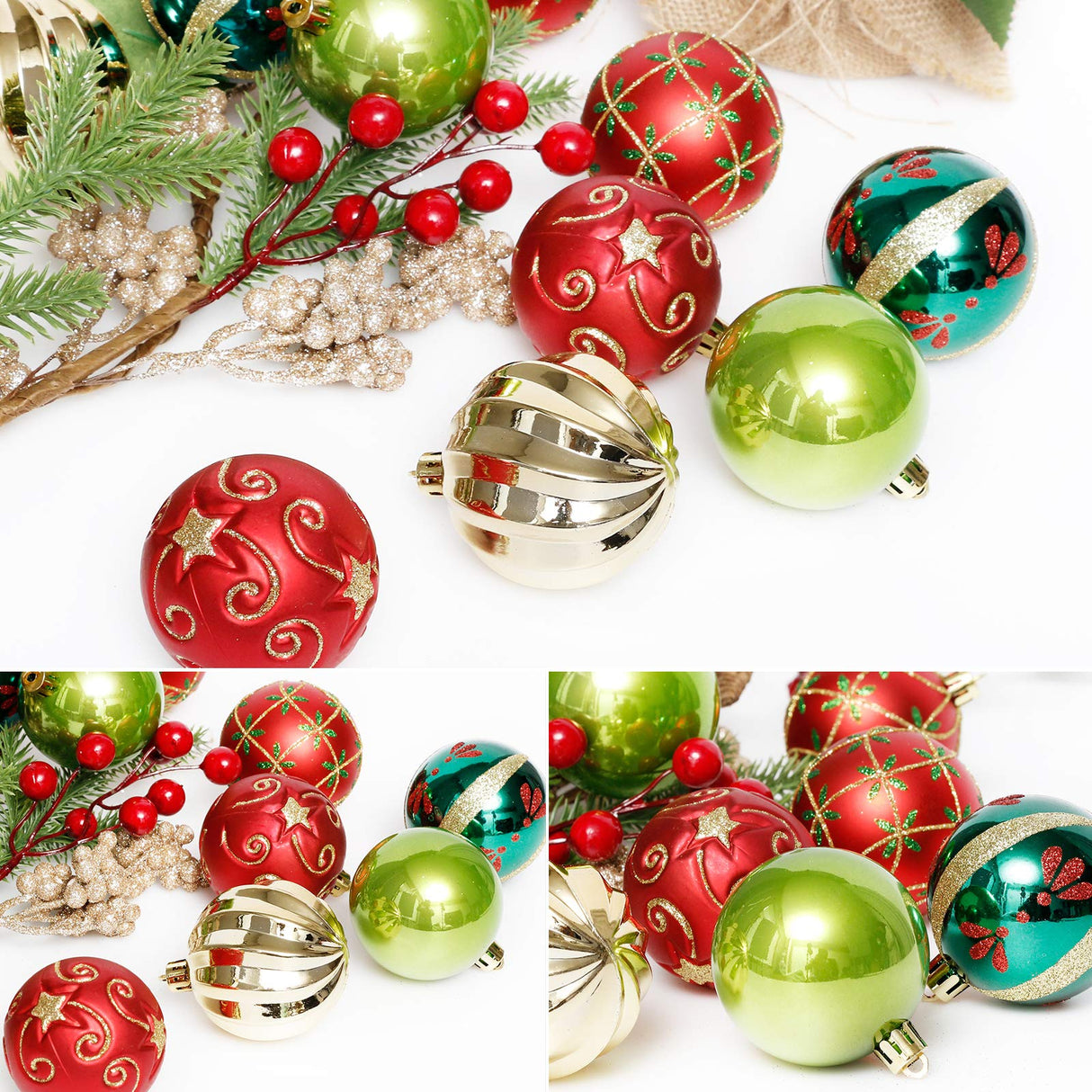 ROSELEAF 30ct 2.36" Shatterproof Christmas Tree Ornaments - Red, Green, Gold Plastic Hanging Balls - Christmas, Wedding And Engagement Occasion ROSELEAF