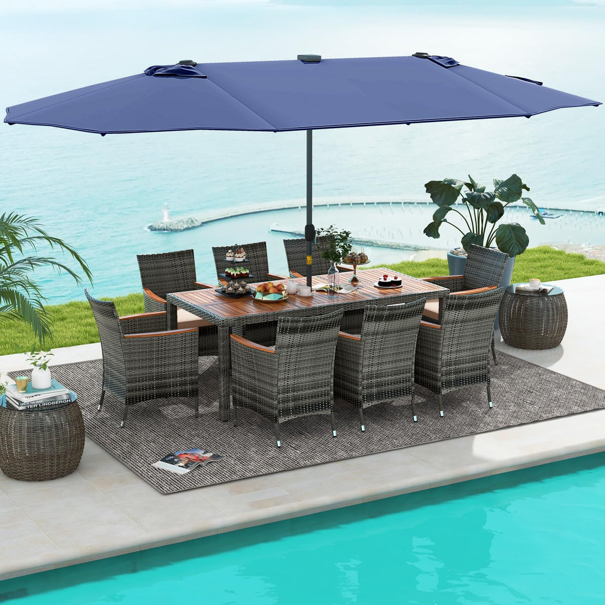 Tangkula 11 Pieces Patio Dining Set with 15 ft Double-Sided Patio LED Umbrella (Base Included), Outdoor Rattan Furniture Set with 8 Armchairs, 1 Rectangular Acacia Wood Dining Table (Navy) Tangkula