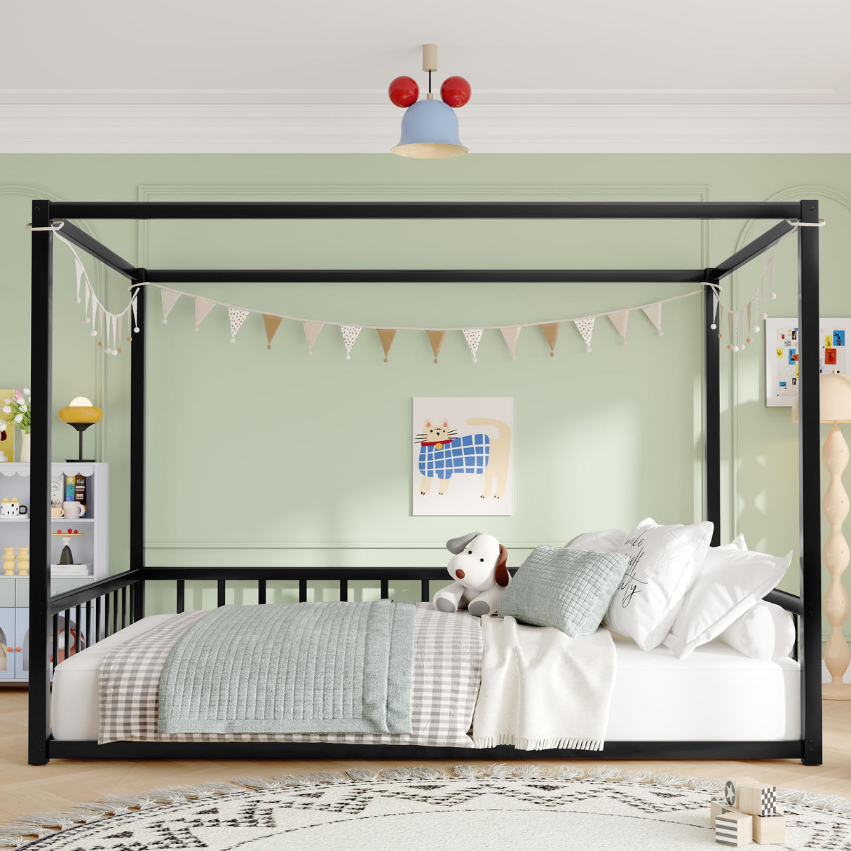 Full Size Canopy Bed Frame with 4 Posters and Guardrails, Full Size Montessori Floor Bed with High Fence, Anti Bump Design, Easy Assemble, Metal Montessori Bed Black Bellemave