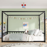 Full Size Canopy Bed Frame with 4 Posters and Guardrails, Full Size Montessori Floor Bed with High Fence, Anti Bump Design, Easy Assemble, Metal Montessori Bed Black Bellemave