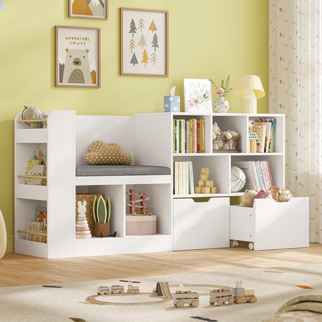 62.2” Kids Bookshelf with Reading Nook, Kids Bookcase with Seat Cushion and 6 Storage Cubbies, Side Shelves, Toy Storage with 2 Movable Drawers, Hidden Wheels, for Playroom and Bedroom, White Sikaic