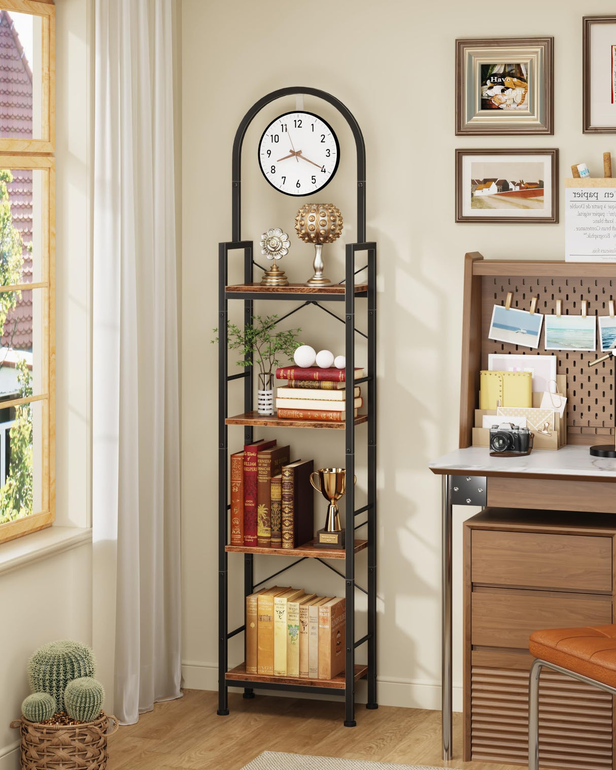 HIGDBFE Bookshelf, 4 Tier Arched Bookshelf with Built-in Clock, 68.2" Tall Narrow Bookcase, Modern Standing Book Shelf for Living Room, Bedroom, Home Office, Rustic Brown HIGDBFE