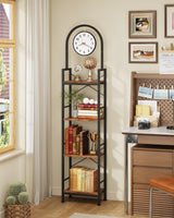 HIGDBFE Bookshelf, 4 Tier Arched Bookshelf with Built-in Clock, 68.2" Tall Narrow Bookcase, Modern Standing Book Shelf for Living Room, Bedroom, Home Office, Rustic Brown HIGDBFE