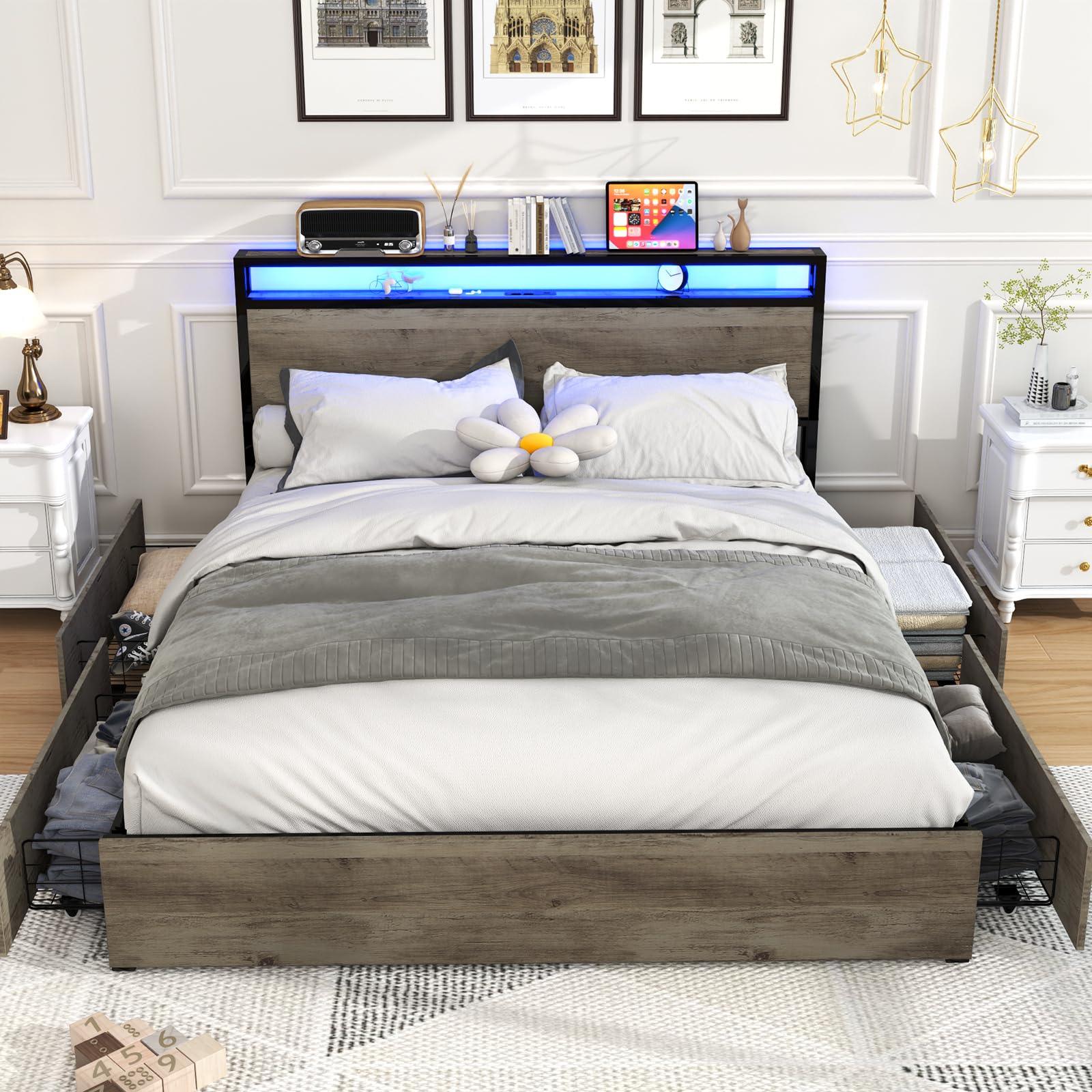 Kiivakii Grey Full Size Bed Frame with LED Lights, 4 Storage Drawers & Charging Station - WoodArtSupply