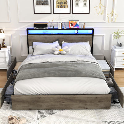 Kiivakii Grey Full Size Bed Frame with LED Lights, 4 Storage Drawers & Charging Station