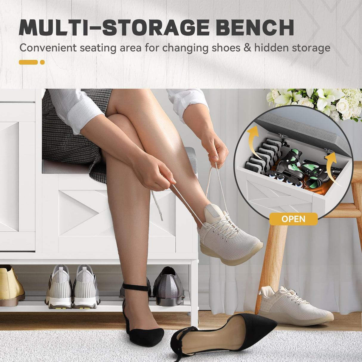 DWVO Farmhouse Shoe Cabinet Bench with 2 Flip Drawers for 16 Pairs, Chic Entryway Bench and Rustic Design for Living Rooms and Hallways (White) DWVO