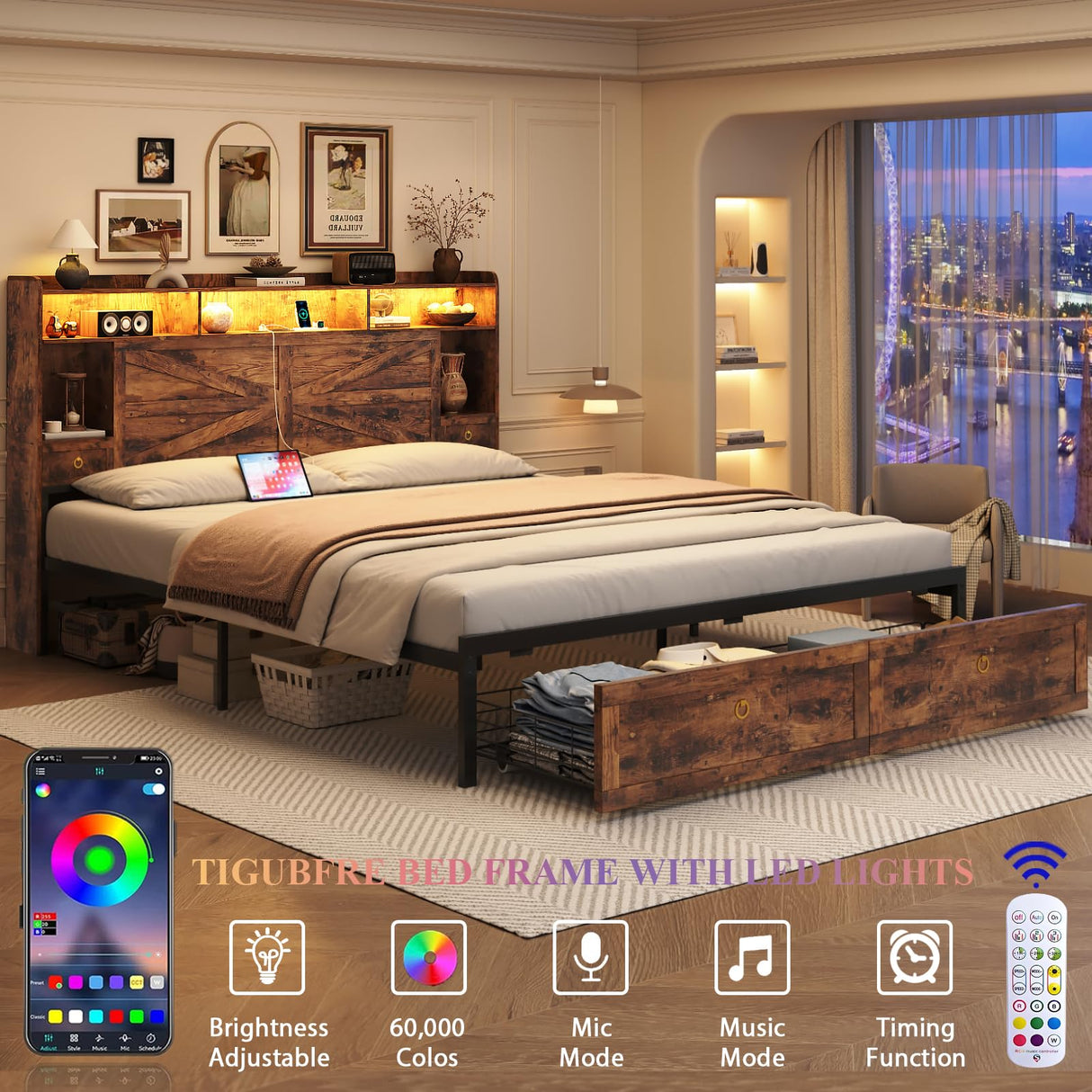 TIGUBFRE King Size Bed Frames with Storage Headboard and 4 Drawers, Farmhouse Platform Bed Frame with Charging Station & LED Lights, Metal Slats Support, Noise Free, No Box Spring Needed, Rustic Brown TIGUBFRE