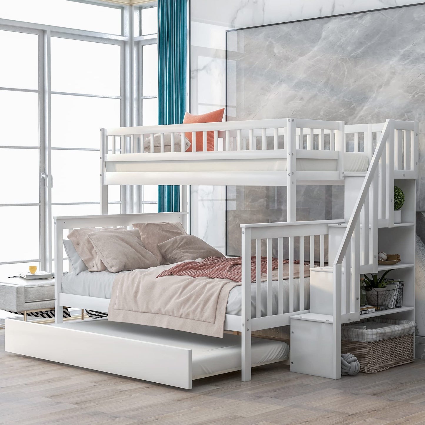 CITYLIGHT White Twin Over Full Bunk Bed with Trundle and Storage Stairway - WoodArtSupply