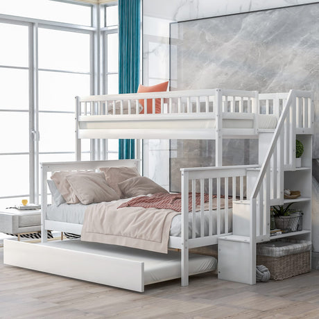 Merax Twin-Over-Full Bunk Bed with Trundle and Storage Staircase in White Merax