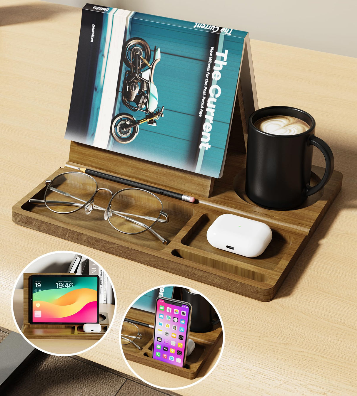 NiHome Bamboo Wooden Book Stand Holder with Triangle Design for Spine-Friendly Book Resting, Natural Finish Multipurpose Organizer with Detachable Magnetic Base for Glasses, Pens, Smartphone (Brown) NiHome