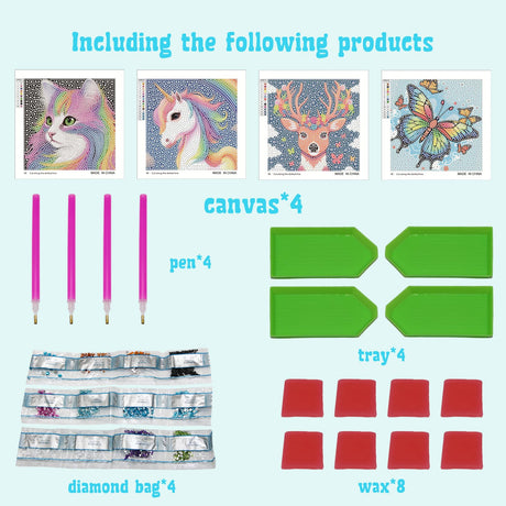 Libfx Diamond Art Kits for Kids 4 PCS Diamond Art for Girls Boys Beginners Arts and Crafts for Kids Ages 8-12 (Cat Butterfly Unicorn Deer) Libfx