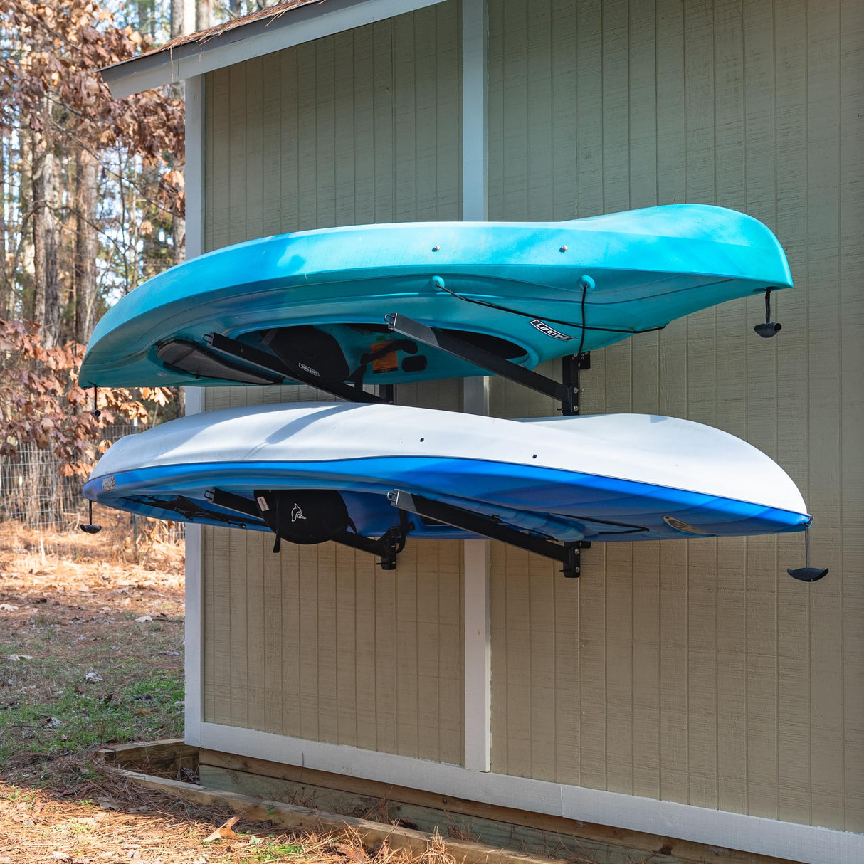 StoreYourBoard G-Kayak Wall Rack – Heavy-Duty Outdoor Kayak Rack for 2 Boats, Adjustable Storage Wall Mount Hanger, Space-Saving Outdoor Storage for Kayak Wall Mount - Holds 200 lbs - Silver StoreYourBoard