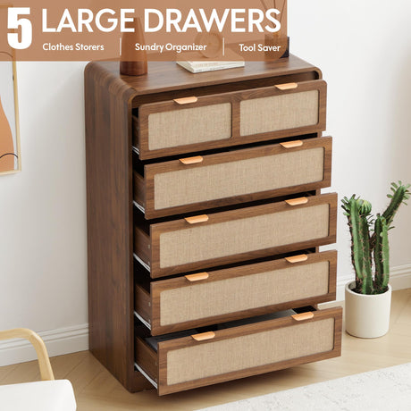 RUSTYER 43" Tall Dresser for Bedroom, 5 Drawer Mid Century Modern Dresser with Natural Linen, Curved Wood Chest of Drawers Closet Clothes Storage Organizer for Living Room, Hallway (Walnut) RUSTYER