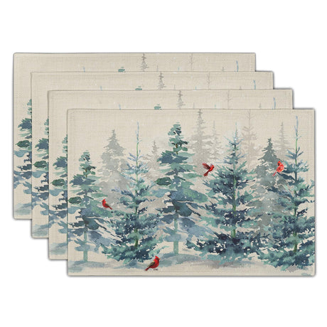 Winter Forest Tree Placemats Set of 4，Pine Tree Christmas Red Bird Heat Resistant Non Slip Place Mats Cotton Linen Tablemats for Dining Table Kitchen Decor 18 x 12 Inch Imiss