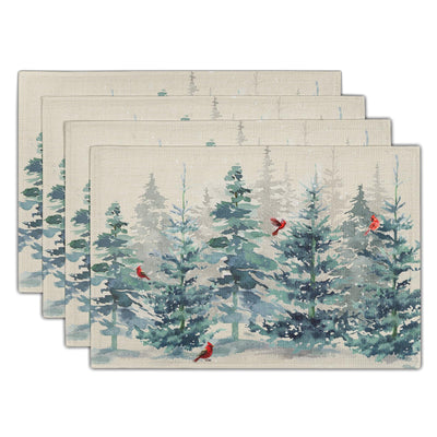 Winter Forest Tree Placemats Set of 4，Pine Tree Christmas Red Bird Heat Resistant Non Slip Place Mats Cotton Linen Tablemats for Dining Table Kitchen Decor 18 x 12 Inch