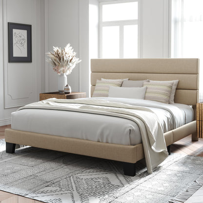 Allewie King Size Upholstered Bed Frame with Wooden Slats - No Box Spring Required, Easy Assembly in Beige - WoodArtSupply