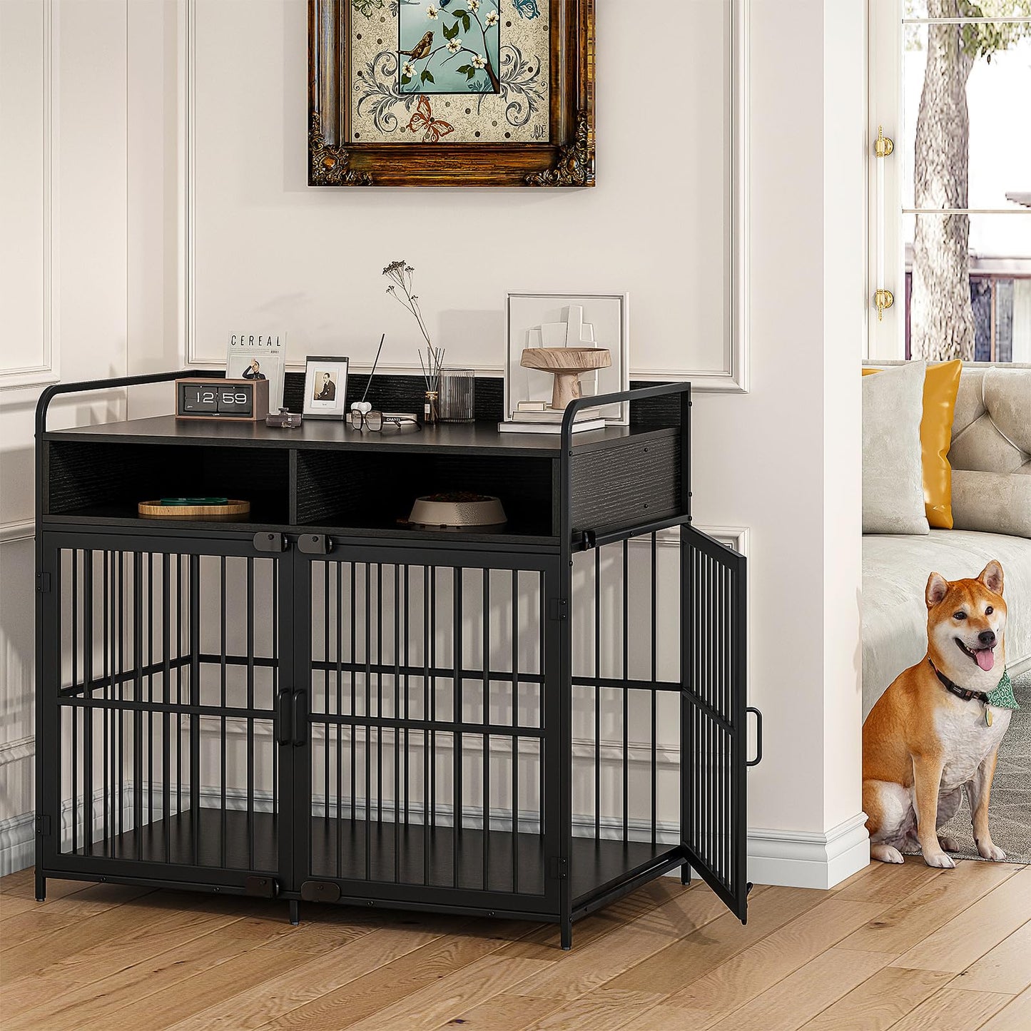 Saudism Dog Crate for Large Dogs, Black Furniture Dog Crate, Large Dog Kennel Indoor, Heavy Duty Wood Dog Cage Table with Drawers Storage, Sturdy Metal, Inner Size: 39.4" L x 22.5" W x 23.3"  - WoodArtSupply