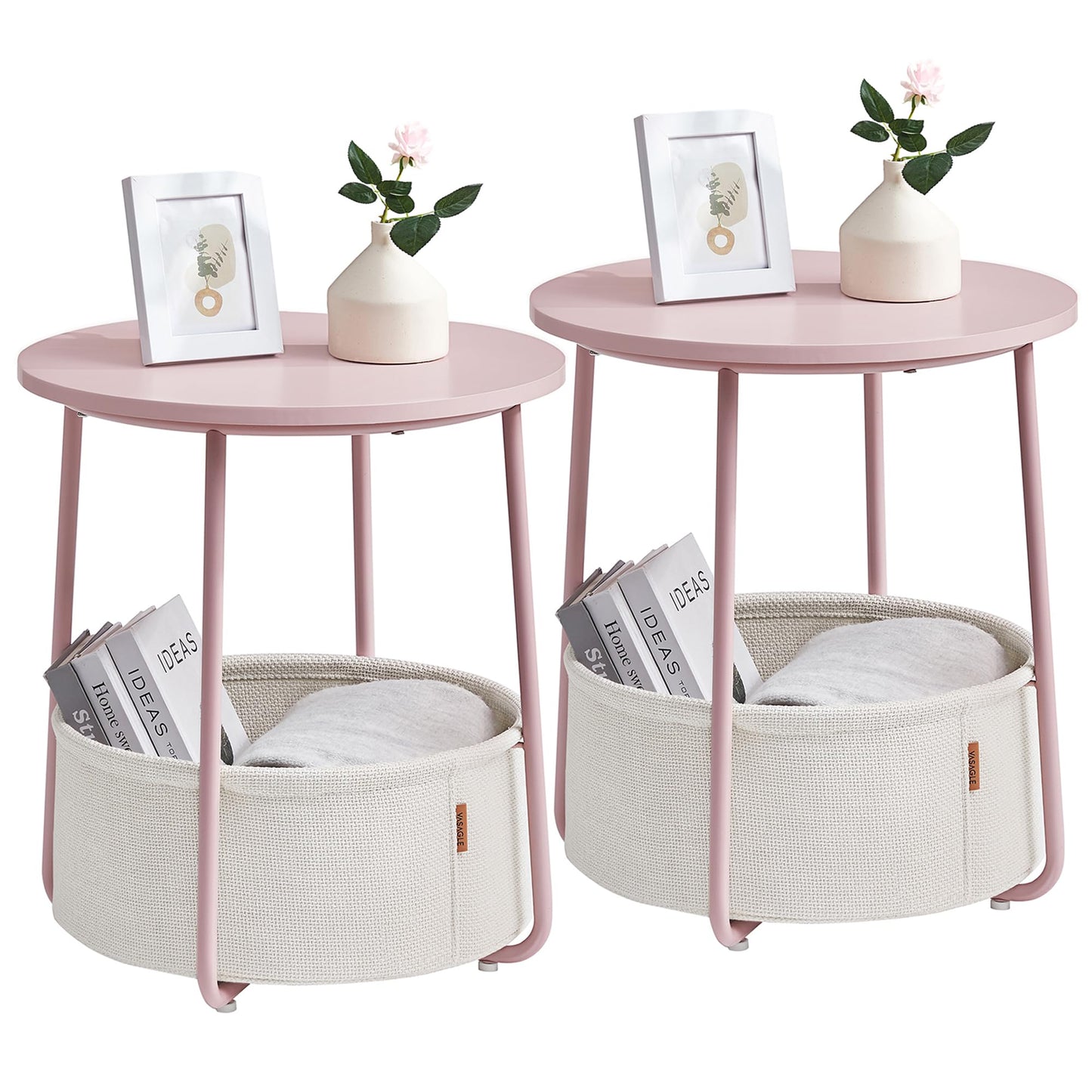 VASAGLE Nightstands, Set of 2 Bedside Tables with Fabric Basket, Small Round Side Tables, End Tables, for Bedroom, Jelly Pink and Cream White ULCT668R01