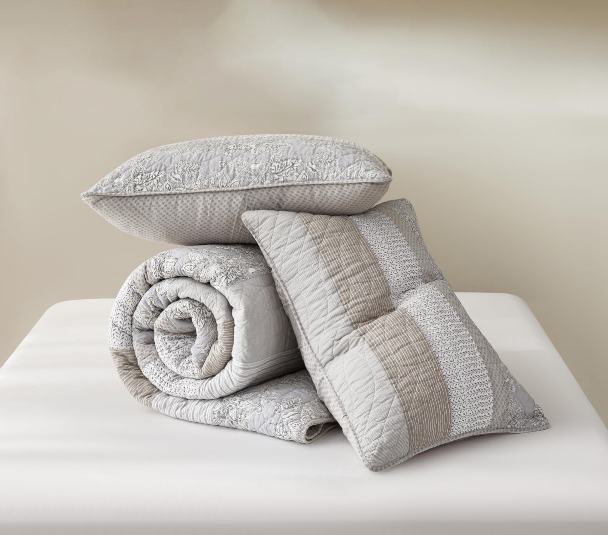 Chezmoi Collection Robyn 3-Piece Neutral Taupe Gray White Floral Hibiscus Flower Patchwork Striped Quilt Set - Pre-Washed Cotton Coverlet - Lightweight Reversible Bedspread, King Size Chezmoi Collection