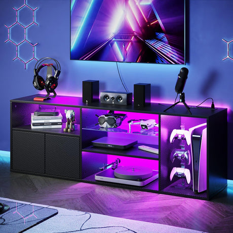 Viplive TV Stand for 55/60/ 65 Inch TV, LED Entertainment Center with PS5 Cabinet, TV Consoles for Living Room with Storage Drawer, Black TV Stand with Power Outlets and LED for Living Room Bedroom Viplive