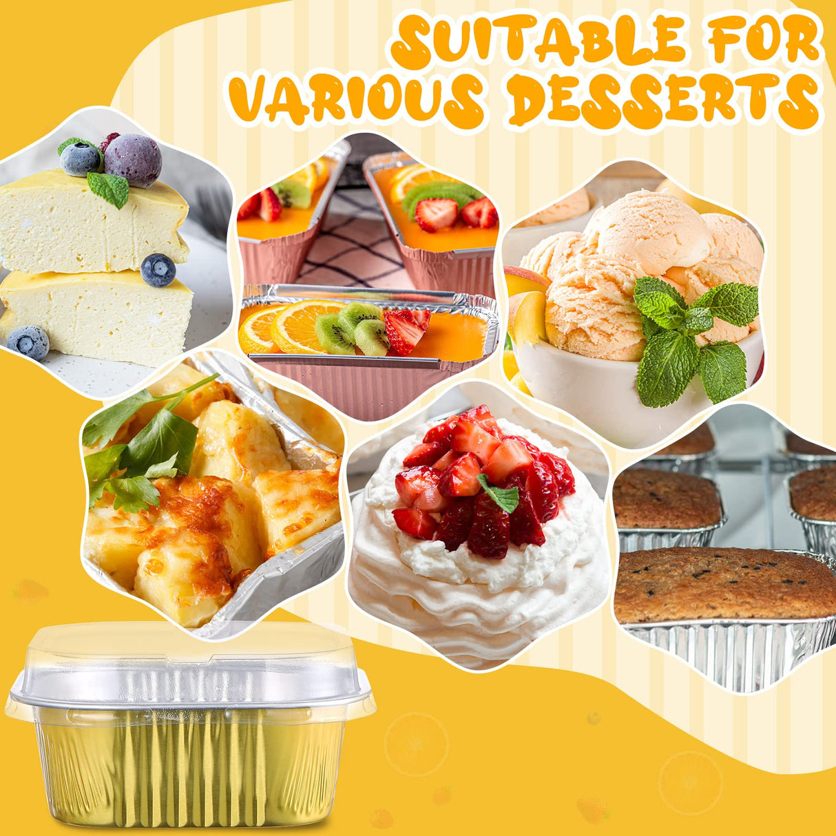 Aoriher 150 Pieces 10 oz Mini Cake Pans with Lids Aluminum Foil Baking Cups Square Disposable Cupcake Cups Baking Tins for Kitchen Brownie Pudding Desserts Muffin Ramekins Holders(Gold) Aoriher