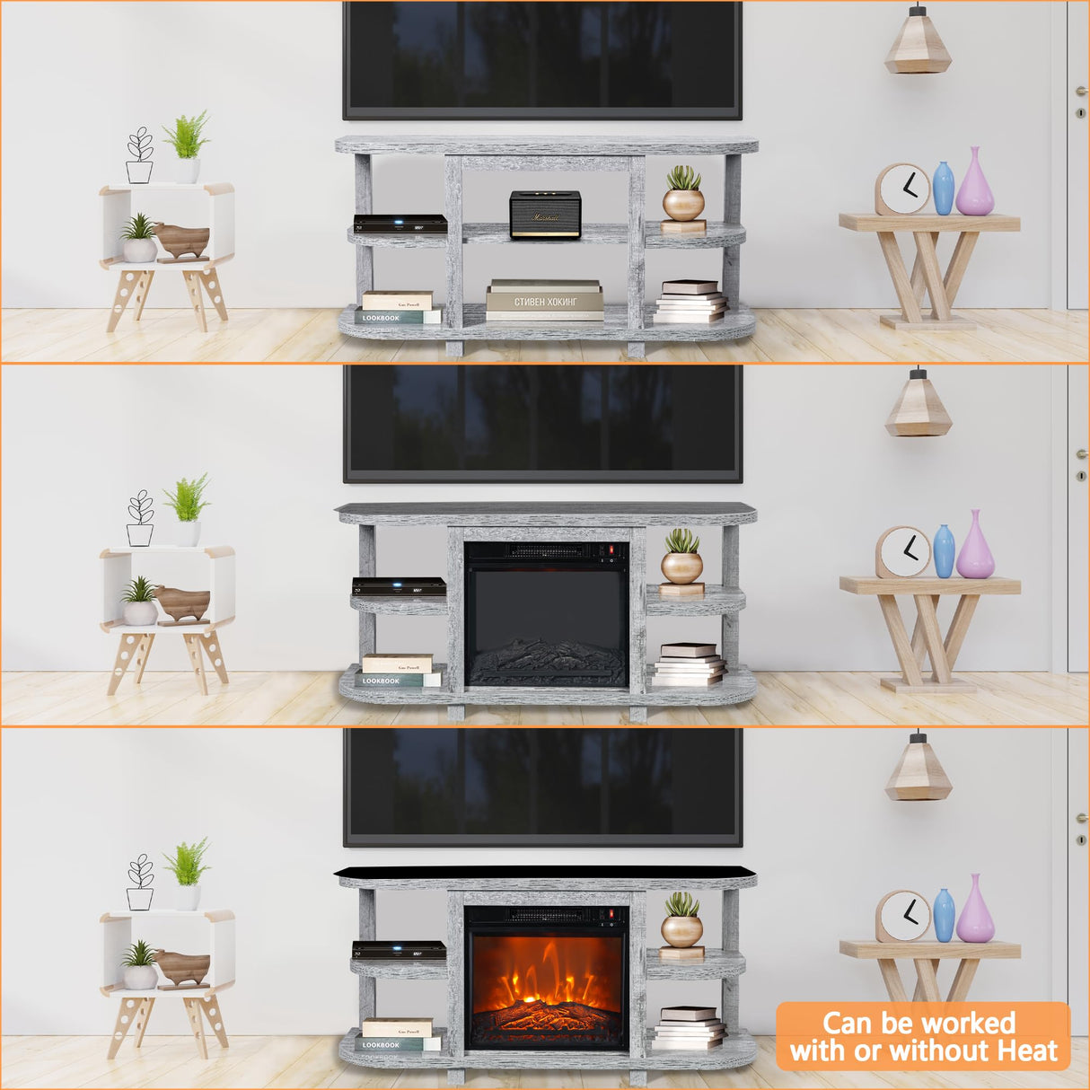 COMEFFIE 48" TV Stand with 18" Electric Fireplace Heater, Modern TV Stand for TVs up to 55 Inch, Entertainment Media Stand with Open Shelves and Storage Cabinets for Living Room, Bedroom (Grey) COMEFFIE