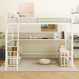 Ziraukon Full Size Metal Loft Bed with Desk and Storage, Heavy Duty Metal Loft Bed with Storage Shelves and Charging Station, Safety Guardrail, Ladder, Space Saving, White Ziraukon