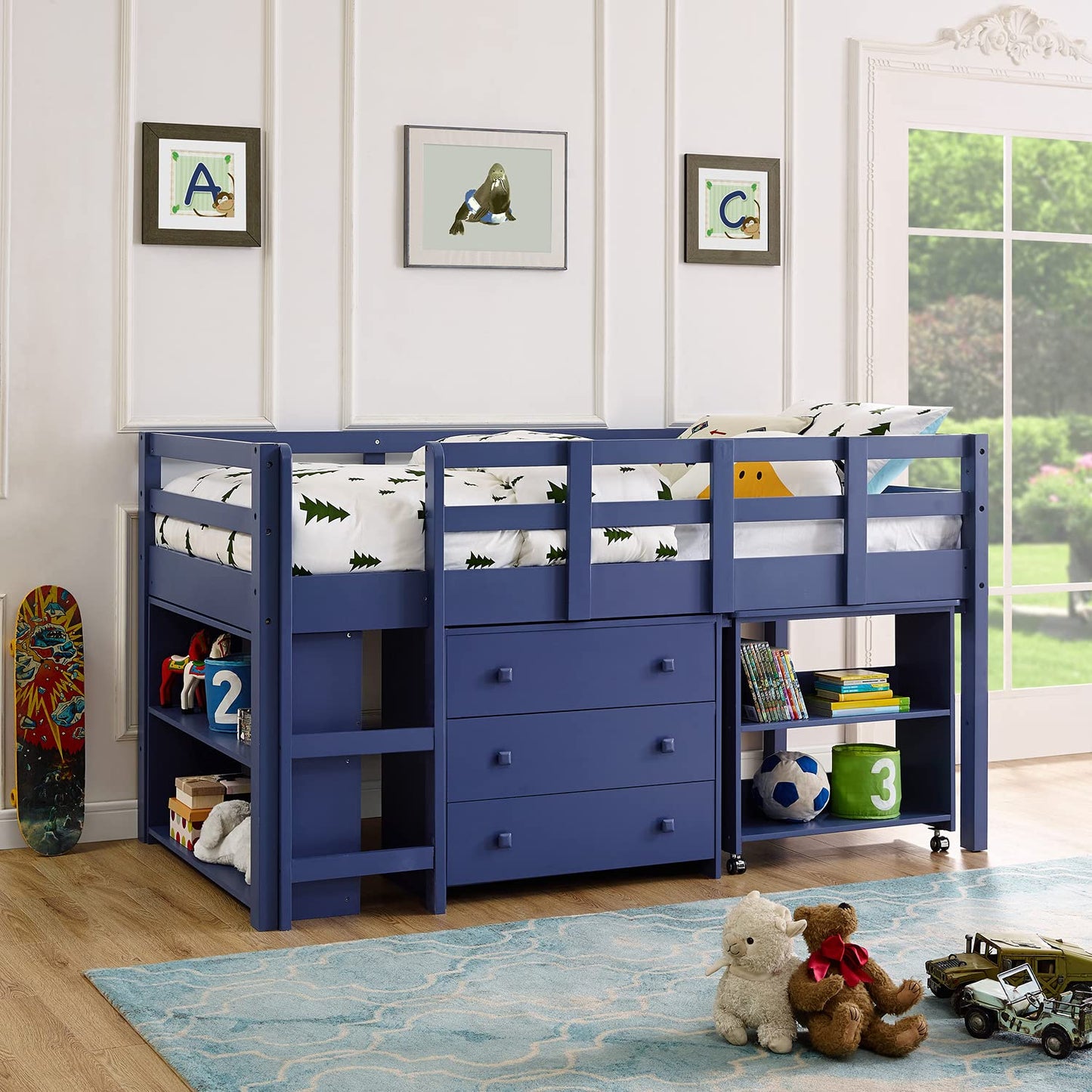 Naomi Home Low Loft Bed Twin Loft Bed with Desk and Storage Kids Beds for Boy Solid Pine Wood Toddler Loft Bed with Storage, Ladder Storage Guard Rails, No Box Spring Needed, Loft Bed Navy