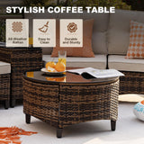 MEISSALIVVE 9 Piece Outdoor Patio Furniture Set, Half-Moon Curved Sectional Sofa Rattan Conversation Set with Wood Armrests, Coffee Table & Side Table（Brown） MEISSALIVVE