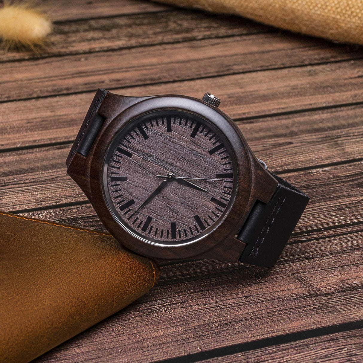 KOSTING Personalized Wood Watches - Engraved Wood Men Watch Black Leather Band Boyfriend Husband Christmas Gifts KOSTING