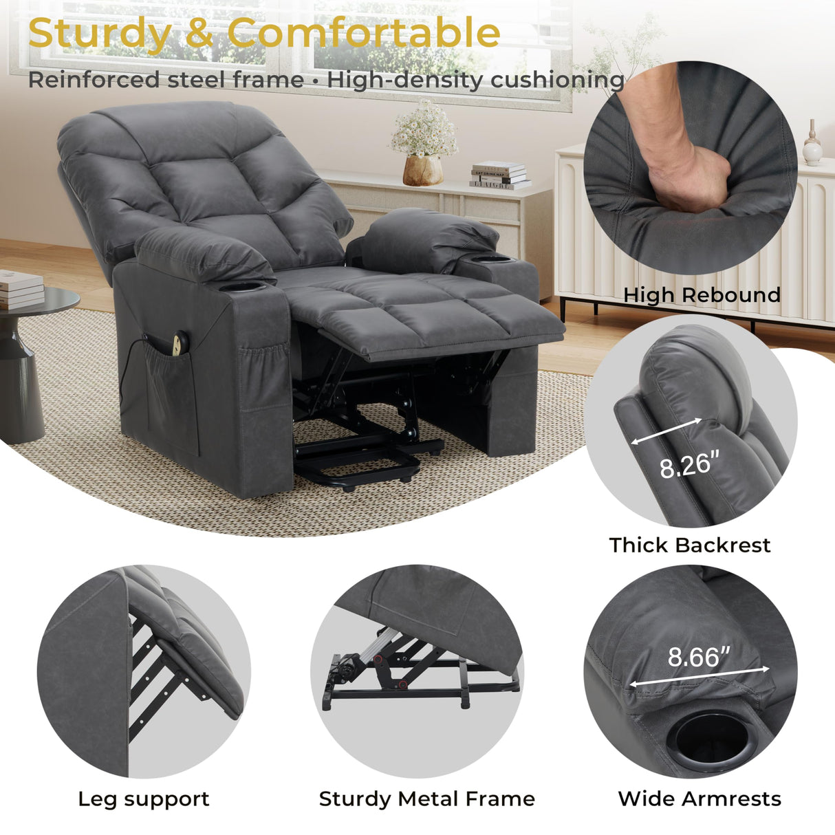 VUOVUS Power Lift Recliner Chair for Elderly, Electric Recliner with Remote Control, Adjustable Footrest, PU Leather Living Room Recliner with Cup Holders and Side Pockets (Light Grey) VUOVUS