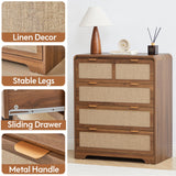 RUSTYER Mid Century Modern Dresser for Bedroom with 4 Drawers, 35" Tall Chest of Drawers with Natural Linen, Curved Wood Dresser Closet Clothes Storage Organizer for Living Room, Hallway((Walnut) RUSTYER