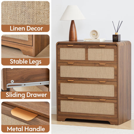 RUSTYER Mid Century Modern Dresser for Bedroom with 4 Drawers, 35" Tall Chest of Drawers with Natural Linen, Curved Wood Dresser Closet Clothes Storage Organizer for Living Room, Hallway((Walnut) RUSTYER