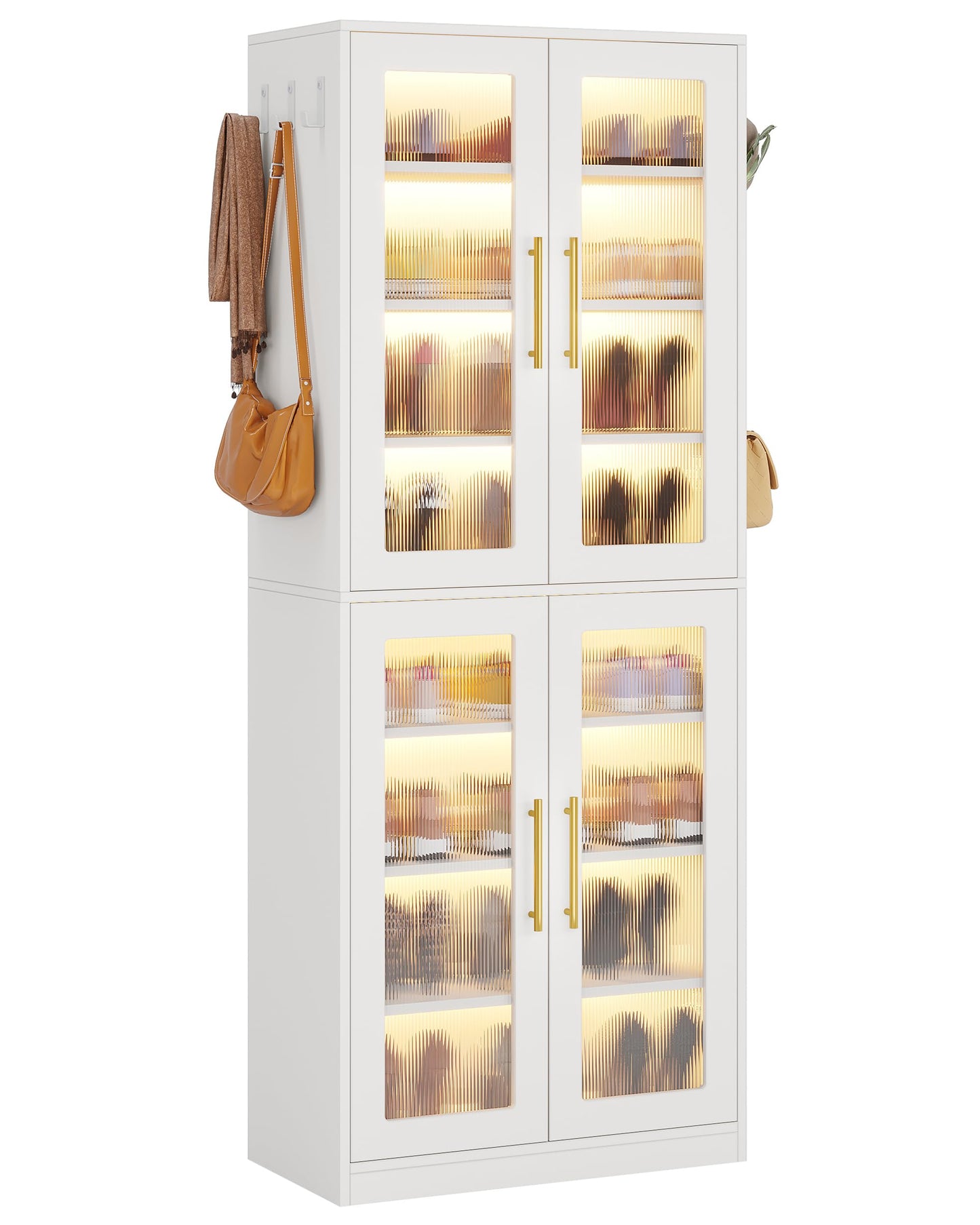 Tribesigns Tall Shoe Storage Cabinet with Acrylic Doors and LED Lights, 8-Tier Entryway Shoe Organizer Rack with Adjustable Shelves and Hanging Hooks for Narrow Closet, Hallway, Living Room, White