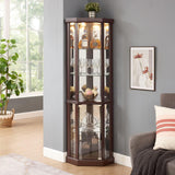 70"H Dark Cherry Corner Lighted Curio Cabinet - Glass Display Case for Living Room, Wine & Bar Glass Storage, Light Included JIJIWANG