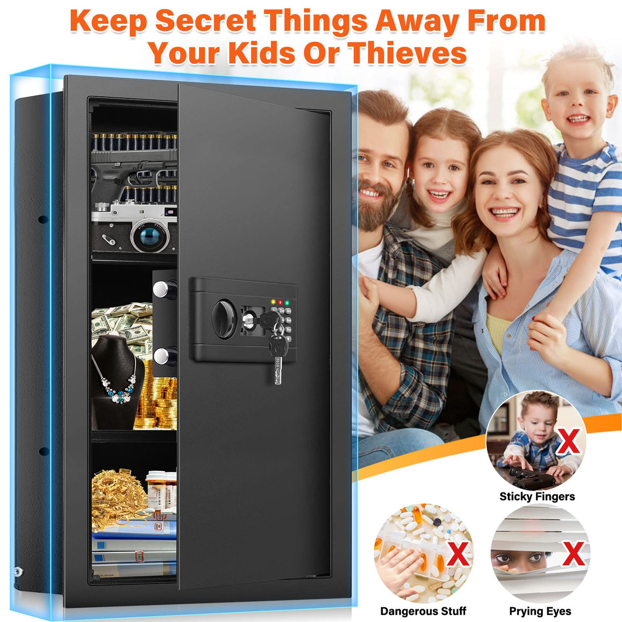 Nebakne 25.6" Tall Fireproof Wall Safes Between The Studs 16" Centers, Hidden Wall Safe with 2 Removable Shelf & Hidden Tray, Heavy Duty Wall Mount Safe for Firearms, Money, Jewelry, Passport Black Nebakne