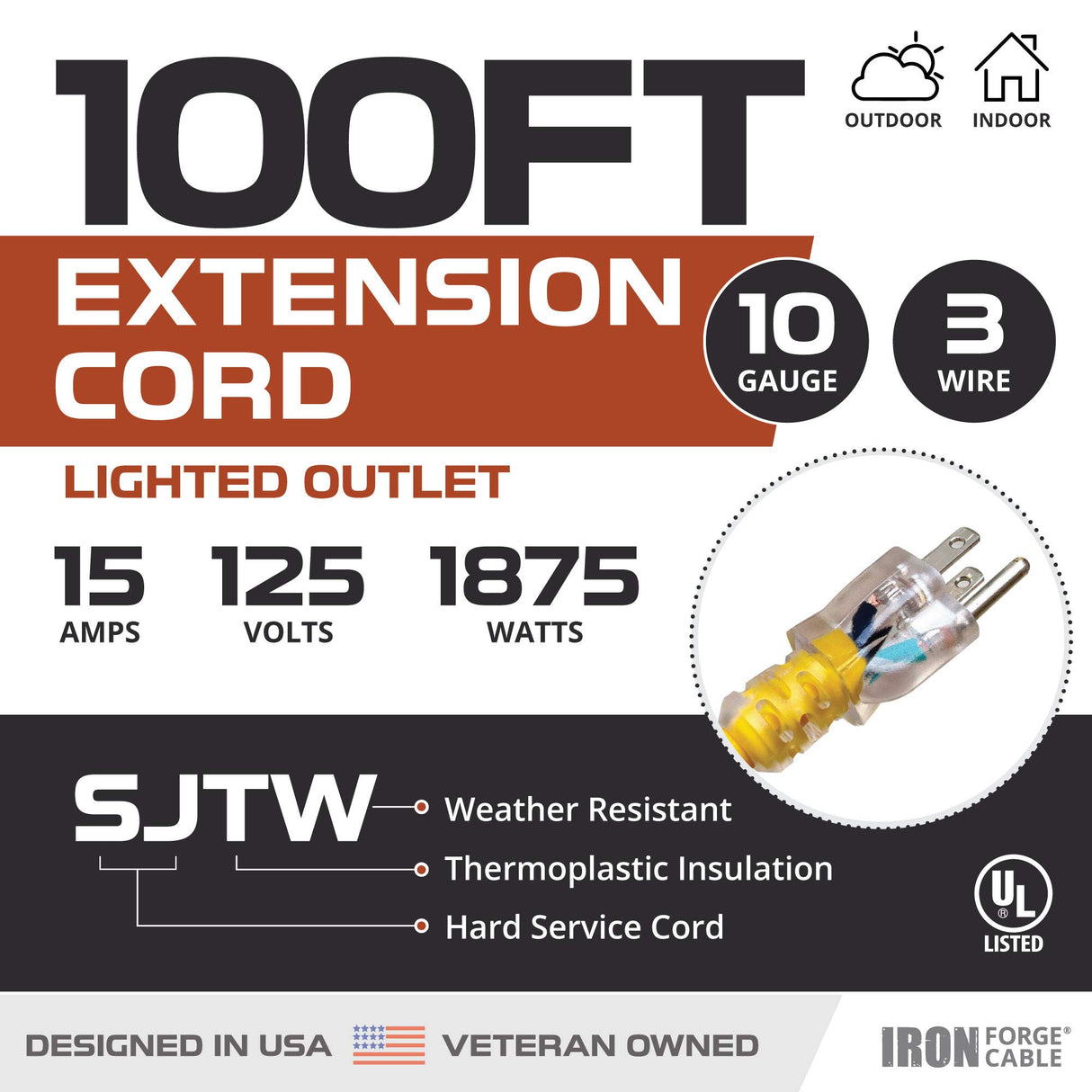 Iron Forge Cable 100 Foot Lighted Outdoor Extension Cord - 10/3 SJTW Yellow 10 Gauge Extension Cable with 3 Prong Grounded Plug for Safety, 15 AMP - Great for Garden and Major Appliances IRON FORGE CABLE
