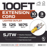 Iron Forge Cable 100 Foot Lighted Outdoor Extension Cord - 10/3 SJTW Yellow 10 Gauge Extension Cable with 3 Prong Grounded Plug for Safety, 15 AMP - Great for Garden and Major Appliances IRON FORGE CABLE