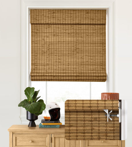 LazBlinds No Tools No Drill Cordless Bamboo Roman Shades, Privacy Blinds for Interior Windows, Room Darkening Roll Up Bamboo Blinds for for Home & Patio, 24" W x 72" H, Privacy-Eastfield Teak LazBlinds