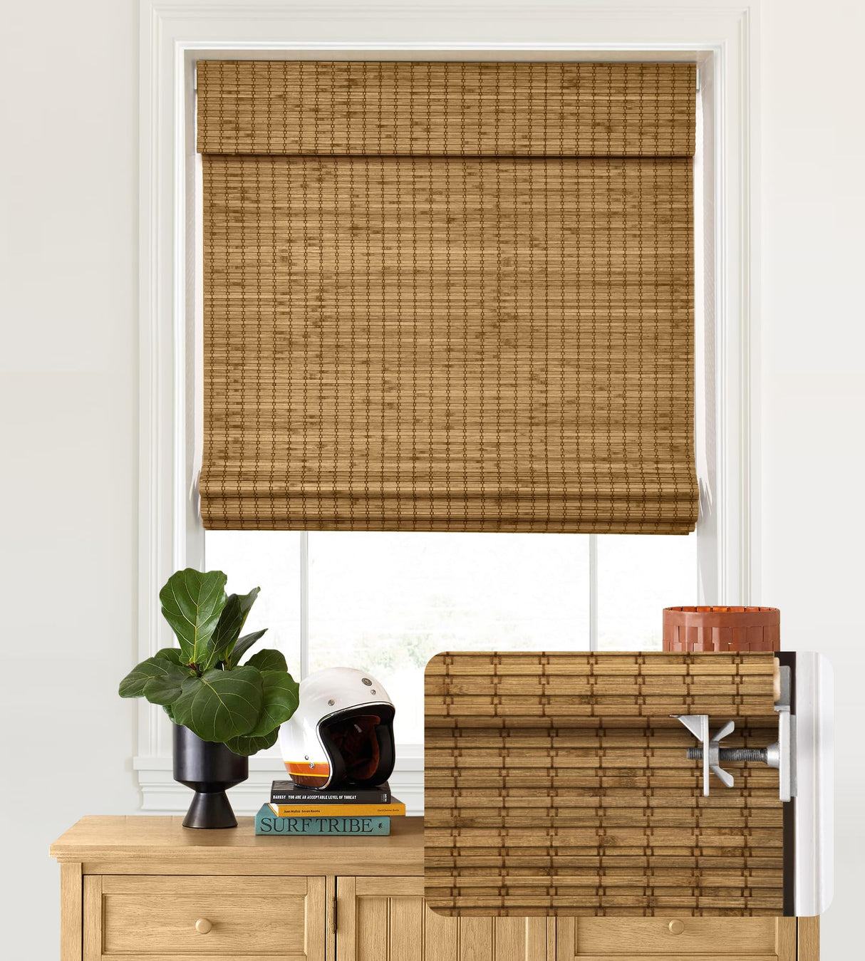 LazBlinds No Tools No Drill Cordless Bamboo Roman Shades, Privacy Blinds for Interior Windows, Room Darkening Roll Up Bamboo Blinds for for Home & Patio, 25" W x 40" H, Privacy-Eastfield Teak LazBlinds