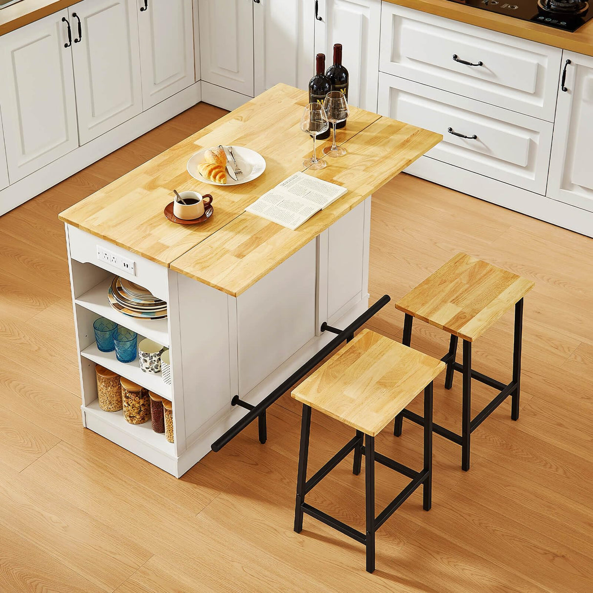 ONBRILL Stationary Kitchen Islands Include 2 Chairs, 47" Kitchen Island with Drop Leaf, Home Bar Table with Spice Rack & with Trash Cabinet, Island Table for Dining Room with Power Outlet, White ONBRILL