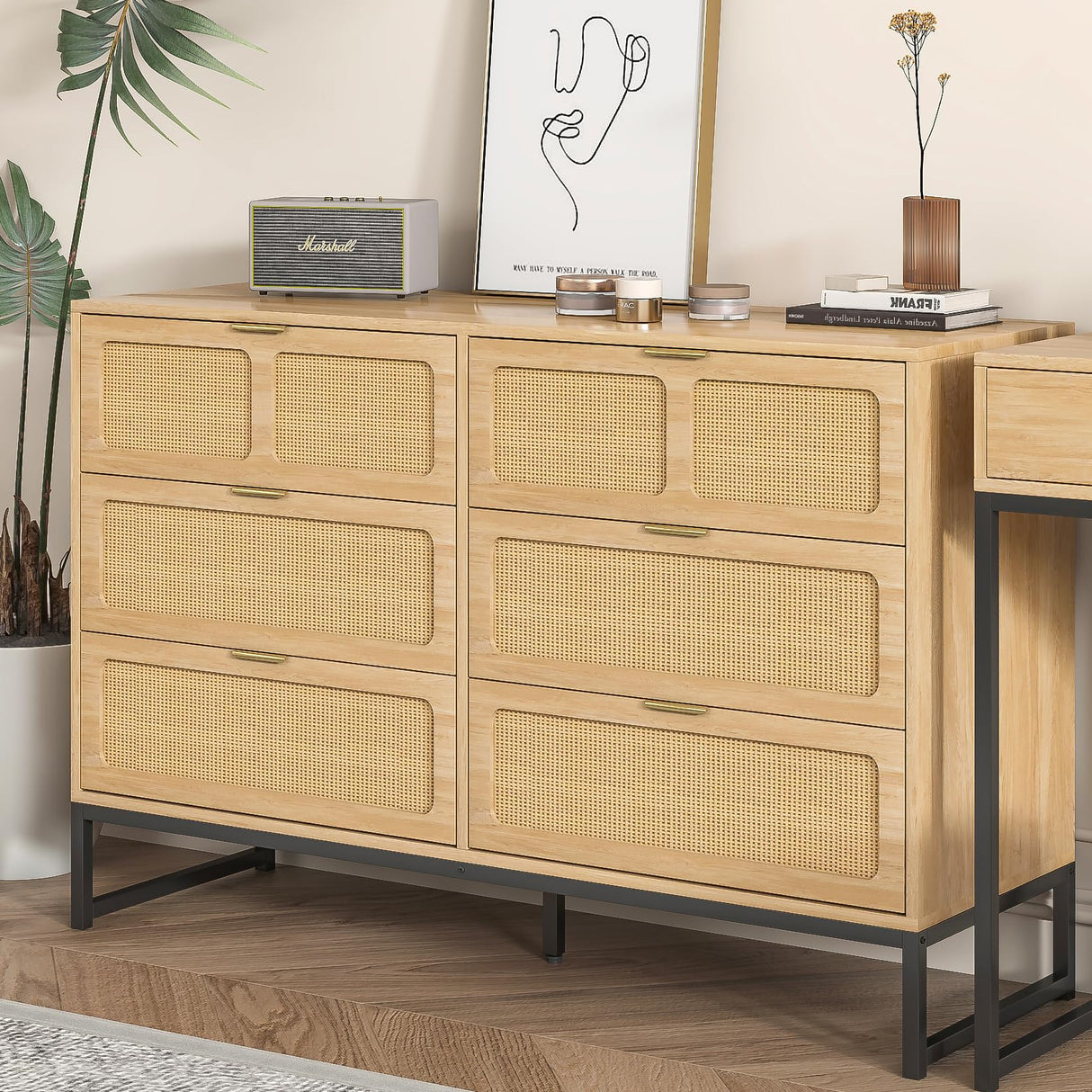 Rattan 6 Drawer Dresser Boho Dresser Chest of Drawers Farmhouse Oak 6 Double Drawer Dresser Cabinet with Wide Drawers Metal Legs Mid Century Modern Storage Dressers Chest for Bedroom, Living Room Furtivusia