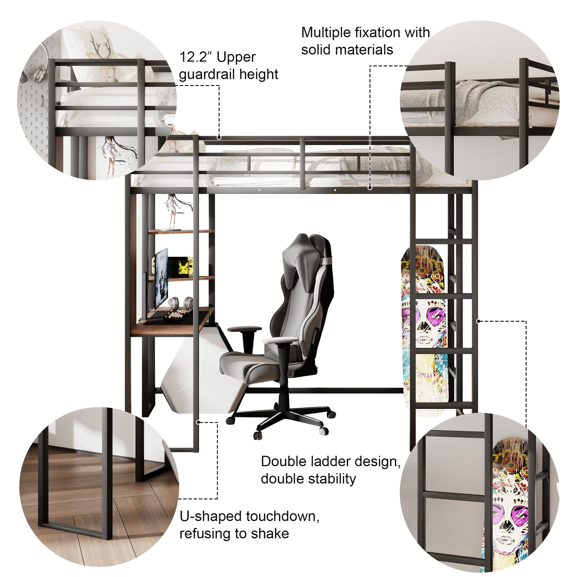 Merax Black Twin Metal Loft Bed with Desk and Shelves, Noise-Free Design - WoodArtSupply